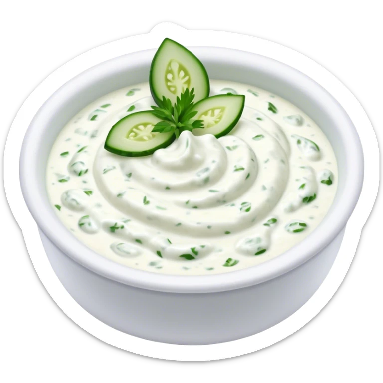 Cinematic Realistic Tzatziki Dish Emoji, featuring a creamy, tangy yogurt sauce with cucumber and herbs rendered with soft textures and cool, refreshing lighting. sticker