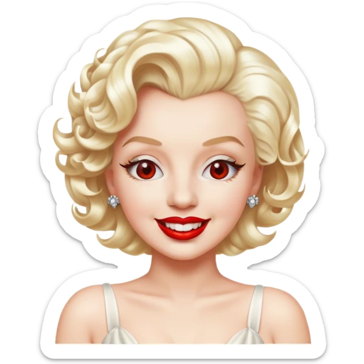 Cinematic Realistic Marilyn Monroe Emoji, featuring a glamorous, high-detail portrayal of the legendary Hollywood star. Her iconic platinum curls, radiant smile, and signature red lips are illuminated by dramatic, vintage-style lighting, evoking the timeless allure of classic cinema. sticker