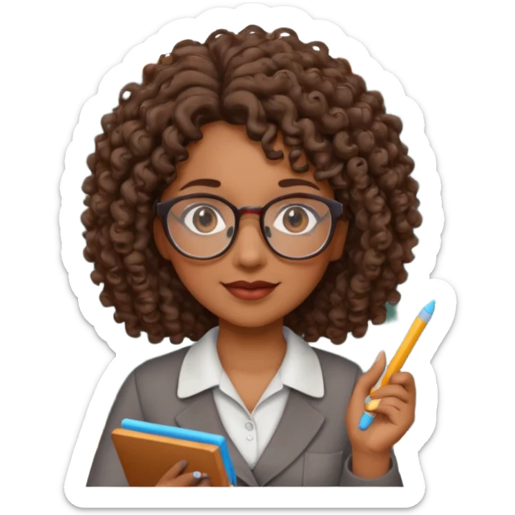 woman teacher, brown skin, curly hair, old, wearing glasses, hold chalk on hand sticker