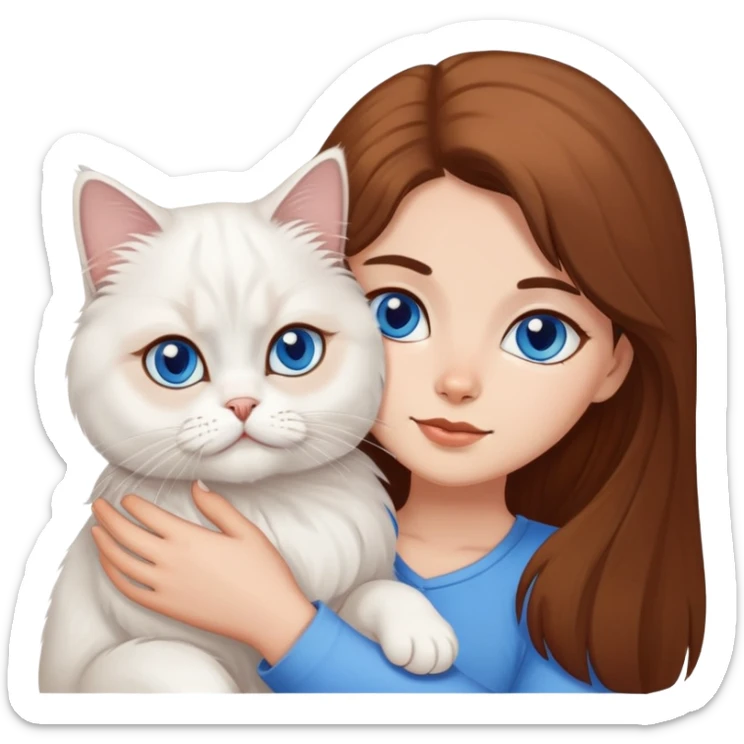 White persian cat with blue eyes cuddling brown long hair with brown eyes girl sticker