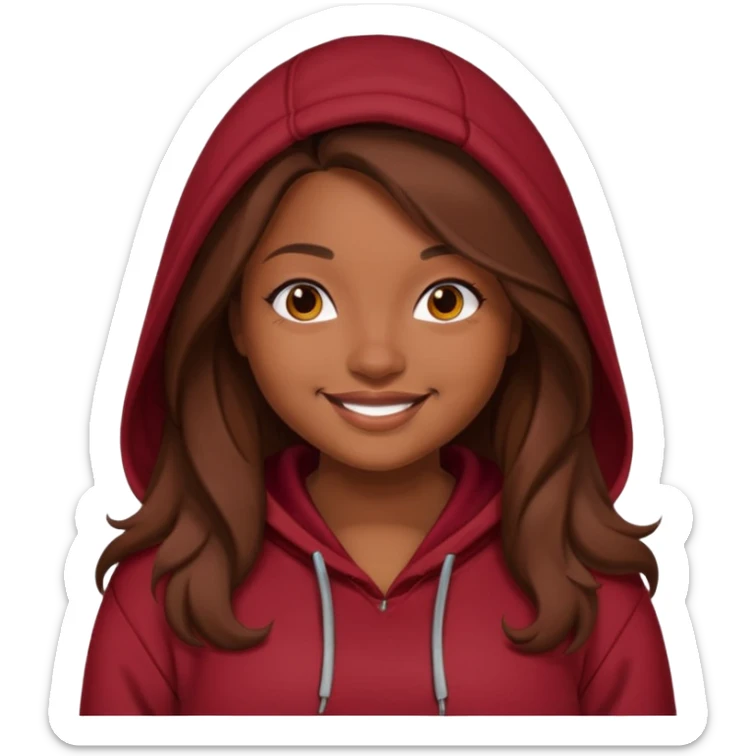 Curvy pretty brown girl with long brown hair, wearing a dark deep red hoodie sticker