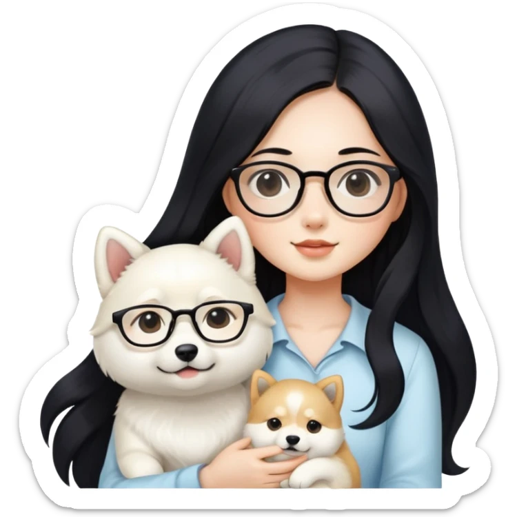 A beautiful girl with long black hair and glasses holding a long-haired white Shiba Inu puppy sticker