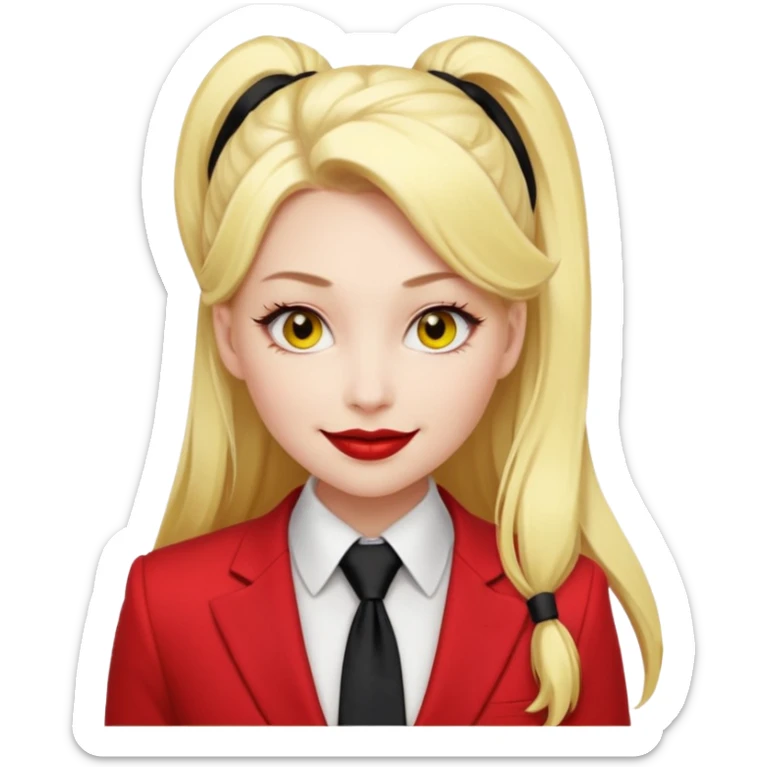 Woman with porcelain white skin, black lips, thick blonde hair that's in a thick long ponytail, a black nose, yellow scleras, red pupils, and a red suit with a black tie. Demon sticker