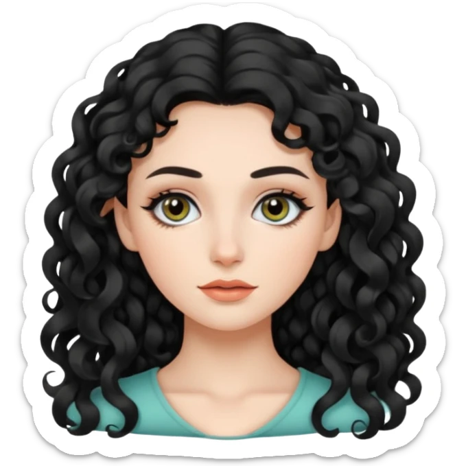 persona mujer con piel clara y rizos suaves color negro y largos  y sin volumen y con delineador en los ojos sticker