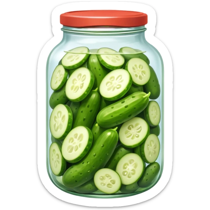 A jar of pickled cucumbers with clear brine and green whole pickles.







 sticker