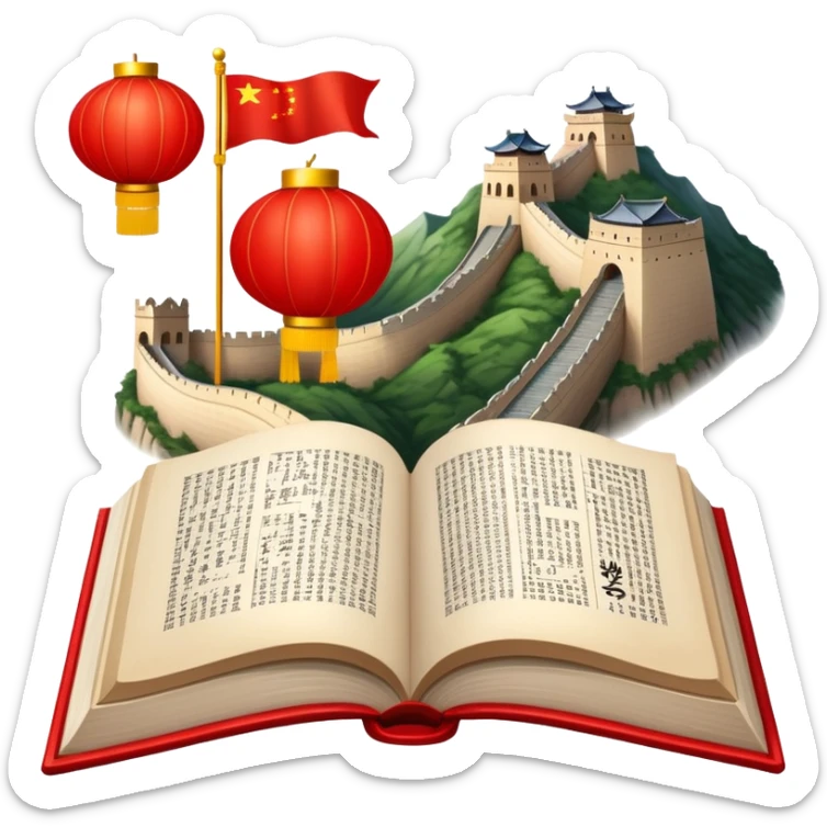 An icon featuring the Great Wall of China and the big flag of China, symbolizing the Chinese language. The design includes an open book with Chinese characters and a red lantern, representing language learning. Transparent background highlights the depth of Chinese heritage. sticker