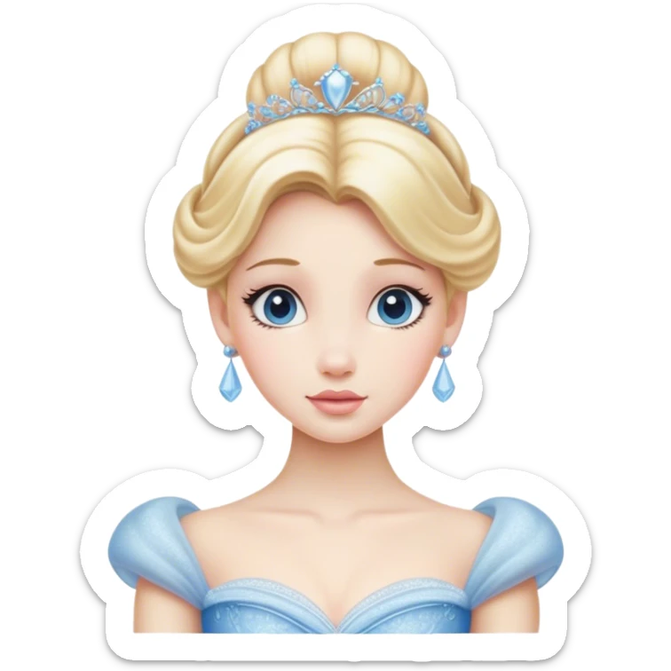 Cinematic Realistic Cinderella Portrait, depicted with lifelike porcelain skin, elegantly styled blonde hair, and a serene, graceful expression. Dressed in her classic ball gown with intricately detailed fabric textures and delicate pastel hues that catch soft, natural lighting, this portrait captures the timeless beauty of a fairy tale princess. sticker