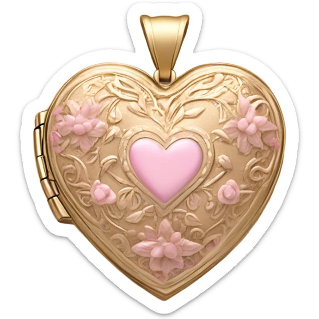 An ornate gold-framed heart locket with a soft pink satin ribbon tied into a bow. sticker