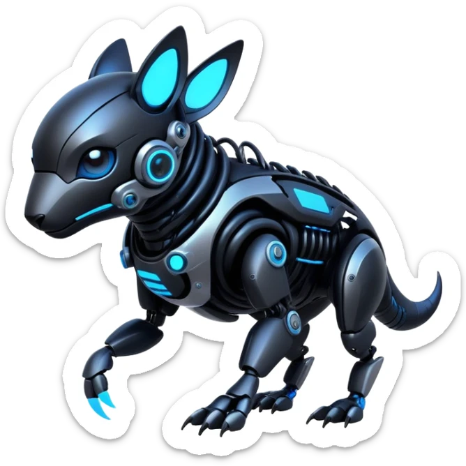Modern futuristic black dark cyberpunk-fakemon-animal-creature with blue accents sticker