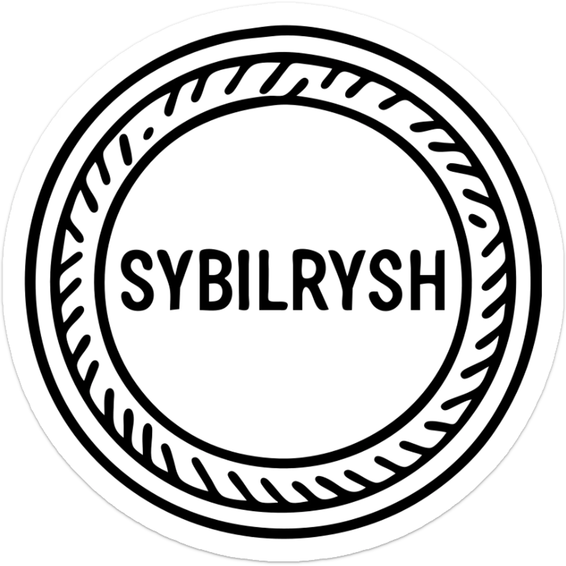 A gold textured coin with the text "SYBILRYSH" inscribed in the center. The coin has a circular rim with detailed gold grain texture and metallic appearance. sticker