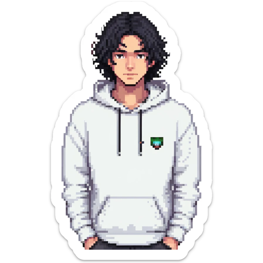 handsome young man with wavy black hair, black eyes, no beard or mustache, wearing a white hoodie, pixel art style sticker