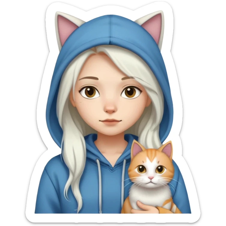 girl wear hoodie with white long hair cat sticker