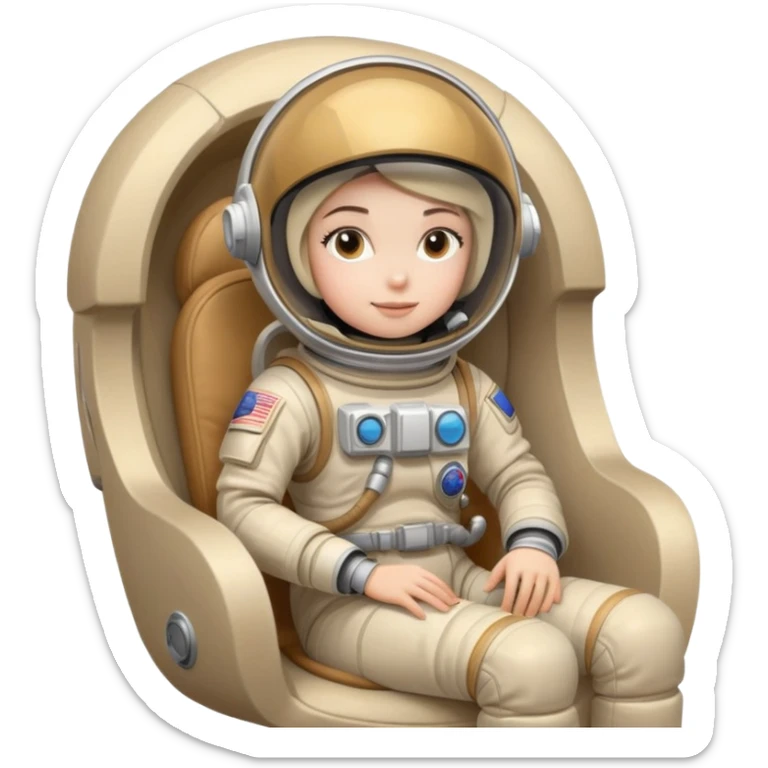 astronaut girl in a beige spacesuit, opaque helmet sitting in a chair  sticker