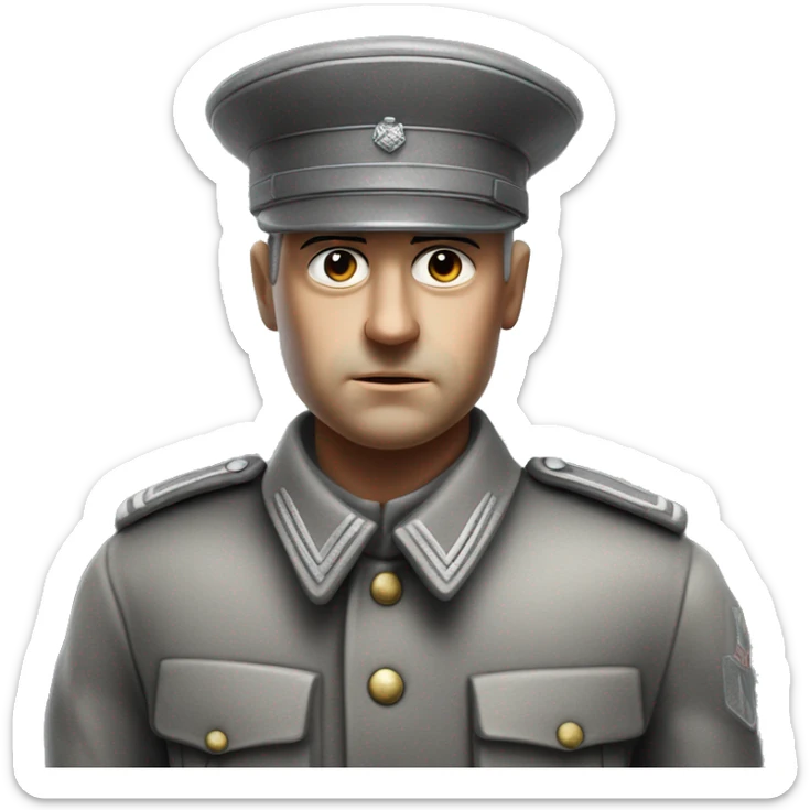serious german soldier the middle of the XX century photorealistic gray uniform detailed face with wrinkles, closed mouth, small eyes  sticker