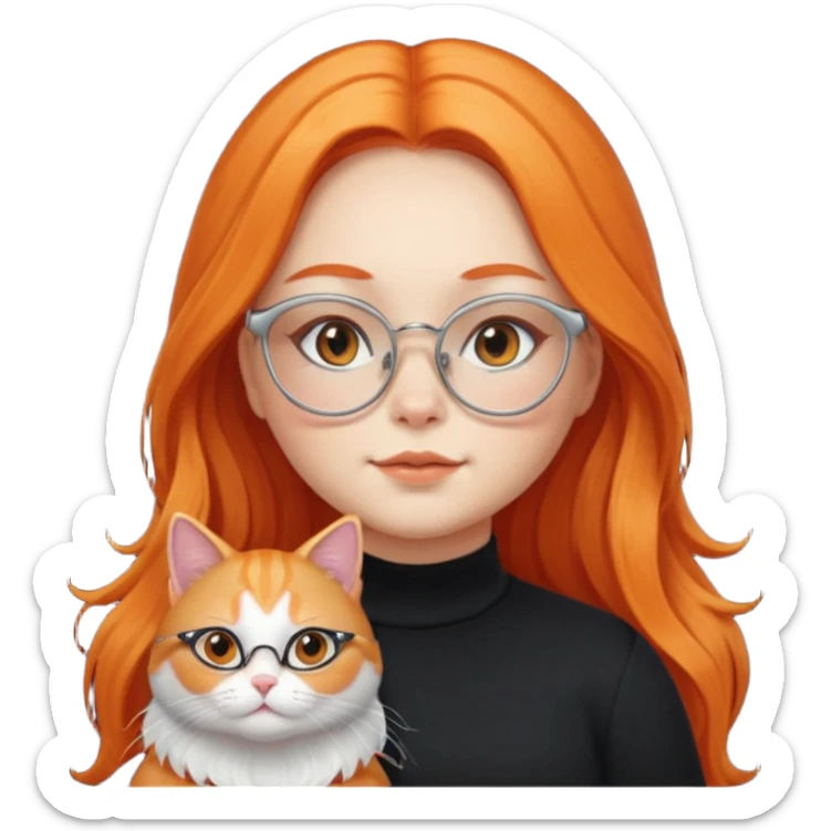 girl with chubby cheeks, very long orange hair, and silver cat-eye glasses. Black clothes. Without cat or cat ears sticker