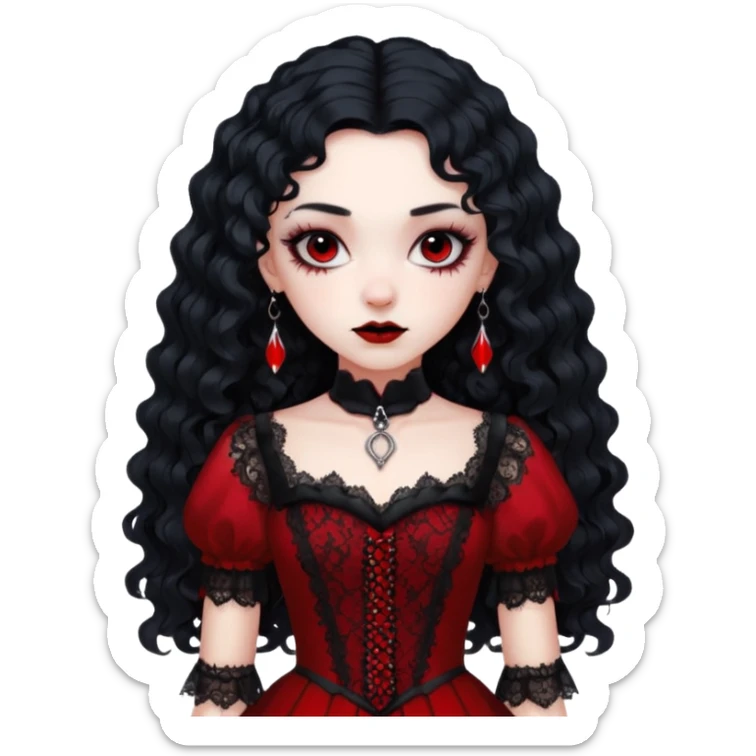 A girl with a red goth vampire look in a blck and red goth lace dress long black curly hair  sticker