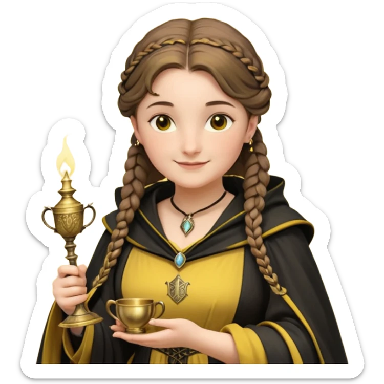 Helga Hufflepuff,the Hogwarts founder of Hufflepuff,brown-haired,2braids,yellow-black medieval dress with black cloak decorated with gold braiding,flickering magic wand and tiny two-handled shiny gold cup engraved with the badger silhouette,very kind smile,curvy busty sweet sticker