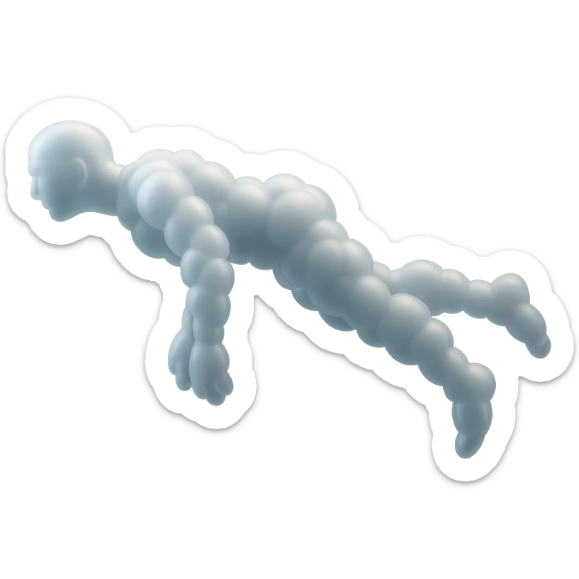 side view of unconscious person flying upwards by torso, legs and arms downwards, made of small very bright white fluffy convex clouds, matte glass style sticker