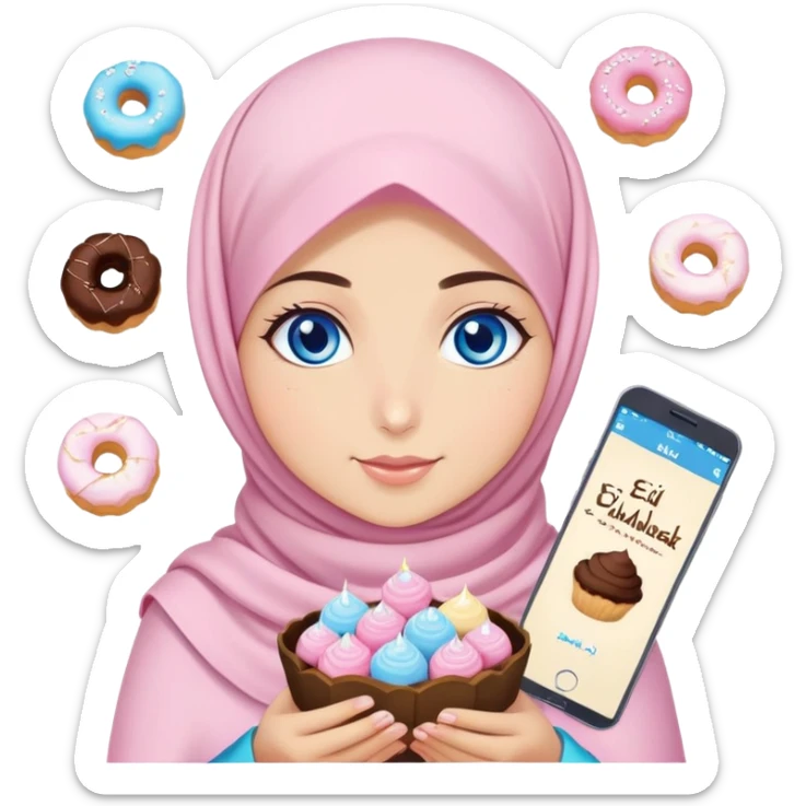 Turkish beautiful finish Konya girl blue eyes with pastel sakura hijab islamic dress and had on her hand text Eid Mubarak with sweets and celebrating with her friends eid days   sticker
