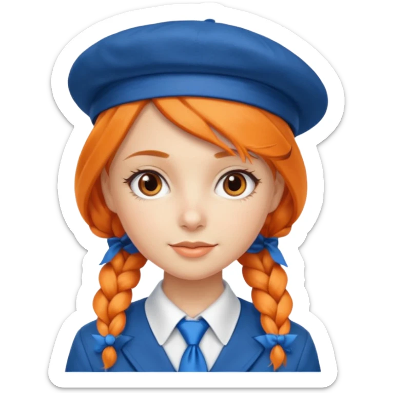 orange braided hair girl, wearing Blue Necktie and a berret Hat sticker