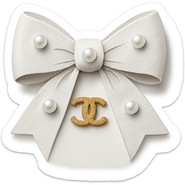 elegant bow with pearls and gold Chanel logo, glossy, monochrome, Paper Craft style sticker