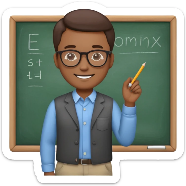 "Create a cute and detailed emoji of a male teacher writing on a chalkboard. The teacher is smiling, wearing glasses, and dressed in a casual shirt and pants. He is holding a piece of chalk and writing something on the blackboard. The style should be colorful, friendly, and cartoon-like, with simple and clear lines." sticker