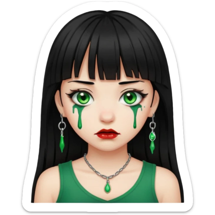 Guria com cabelo preto franjinha sangrando olhos verdes  fundo preto e um piercing bridgepiercing sticker