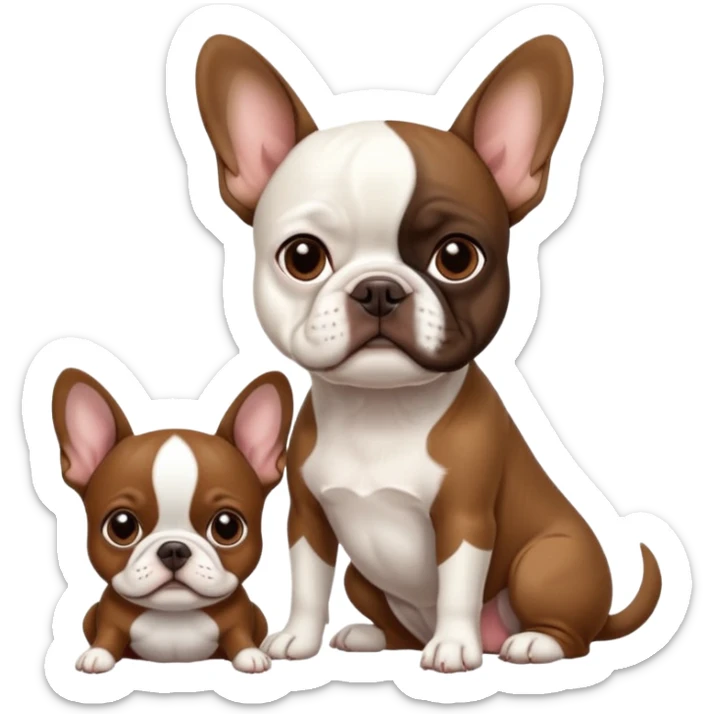 All pure white French bulldog sitting next to skinny brown Boston terrier sticker
