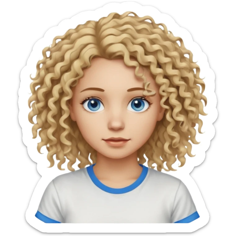 This is a 2D digital anime-style portrait of a female, caucasian, 29 years old light skin. The person has messy dirty blond curly hair shoulder long, round blue eyes.  sticker