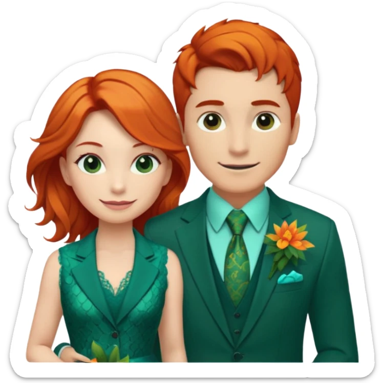  The man, with red hair and visible snake scales, wears a dark green suit with a green tie and an orange boutonnière. The woman, with blonde hair, wears a turquoise ballgown with lace details and holds a colorful tropical bouquet. They smile at each other.  sticker