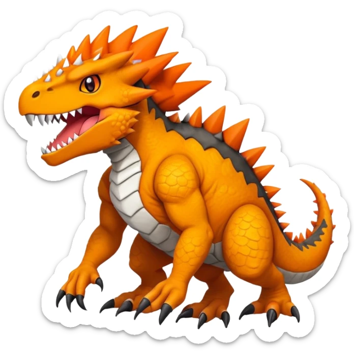 Black Agumon-Tyrunt-Tyrantrum-Fakémon-creature-hybrid with orange belly (full body) sticker