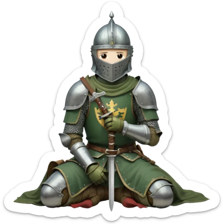 A lone medieval knight in a green worn armor kneels. His helmet is closed, hiding his face, conveying silence, exhaustion and contemplation. A long sword is planted in the ground beside him, its hilt resting near his gloved hands as if he is praying or resting after battle. sticker