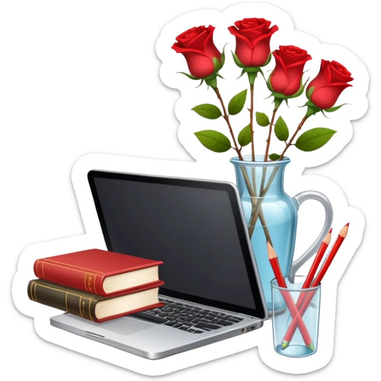 crear una  pizarra grande con libros a un lado, cuadernos, lapices, creyones, un vaso de cristal con rosas rojas, morral, lapto, estilo vector sticker