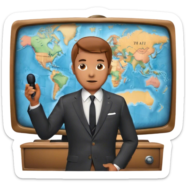 Icon for Documentary Film (TV style): A large vintage TV screen with a serious-looking host standing in front of a map. The host holds a microphone, and the map displays historical or geographical information. Retro TV broadcast style. Transparent background. sticker