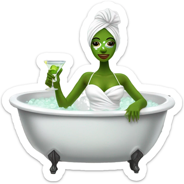 Girl with white towel wrapped around hair and cucumbers on eyes with green face mask and manicure  holding a martini glass and bottle in black high heels kicking feet out in bubble bathtub  sticker