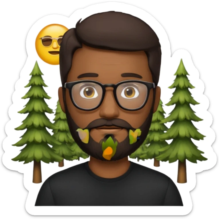 create a emoji man with beard black and dark brown hair , and glasses wooded color, sunkissed skin color, with a IA simbol and black shirt sticker