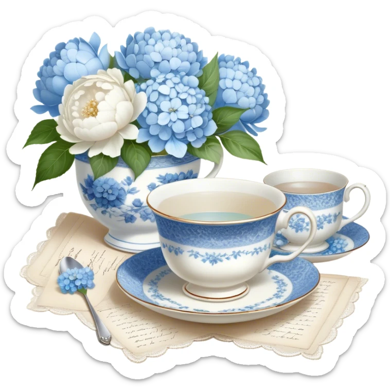 A serene still life of a vintage porcelain teacup with delicate blue floral patterns, resting on a lace tablecloth, accompanied by a handwritten love letter tied with a pearl ribbon and surrounded by white peonies and pale blue hydrangeas. sticker