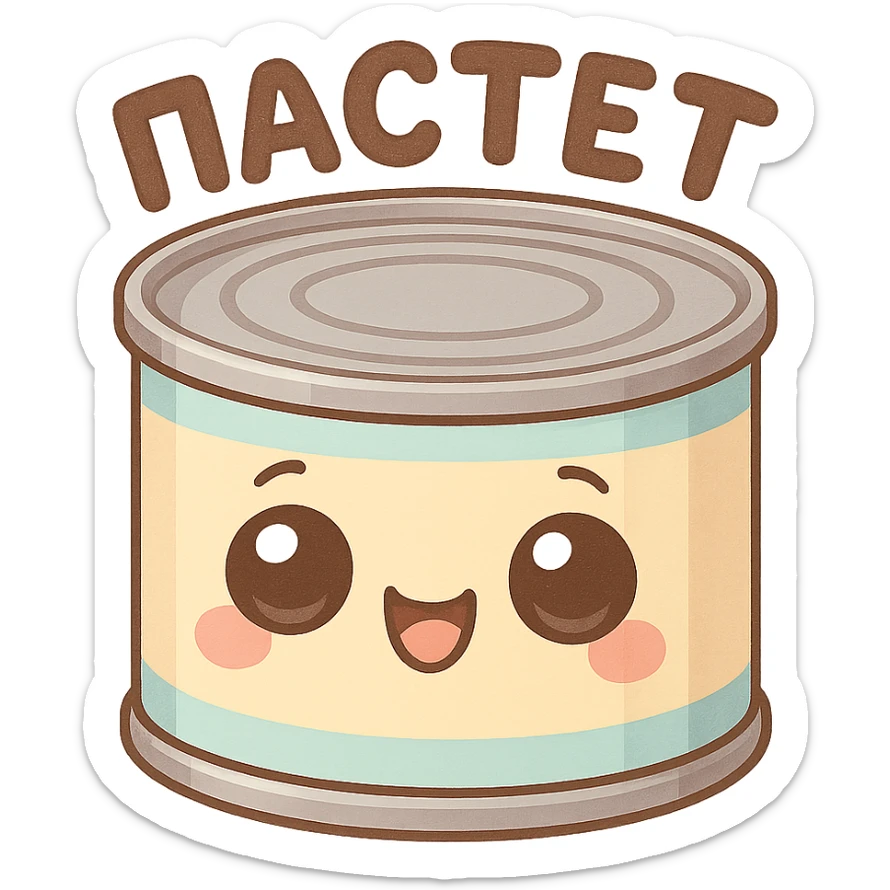 A cute tin can of pâté with big expressive cartoon eyes, smiling and happy face, kawaii style, pastel colors, soft shading, simple background, adorable character design, high quality illustration, playful and funny mood, text on top saying "ПАСТЕТ" in bold cute Cyrillic letters sticker