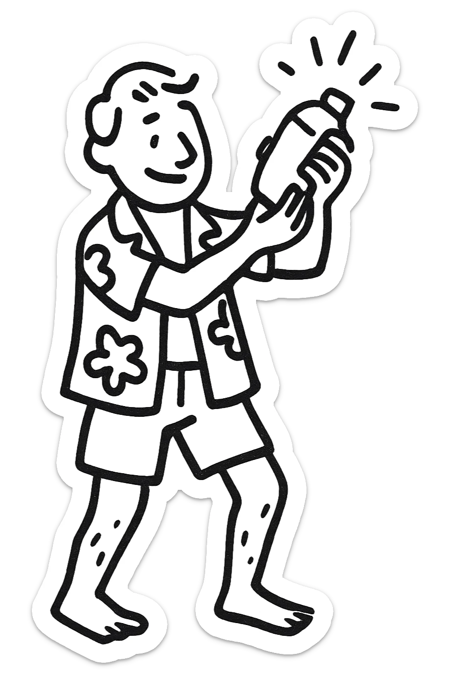 human male Unbuttoned Hawaiian shirt, swim trunks, shaking a cocktail shaker (sparks flying) sticker