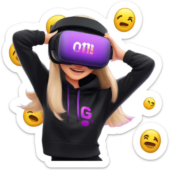 Russian girl wearing black hoody with violet letters "OMG", in vr headset oculus quest2. Dancing. Cyberpunk style. Violet neon. sticker