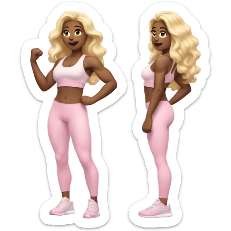 Woman, white skin, light skin, long hair, blonde hair, wavy hair, baby pink sports bra, baby pink leggings, flexing one arm up sticker