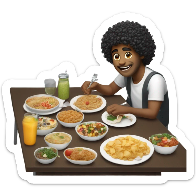 man with curly hair eating a lot of food sticker
