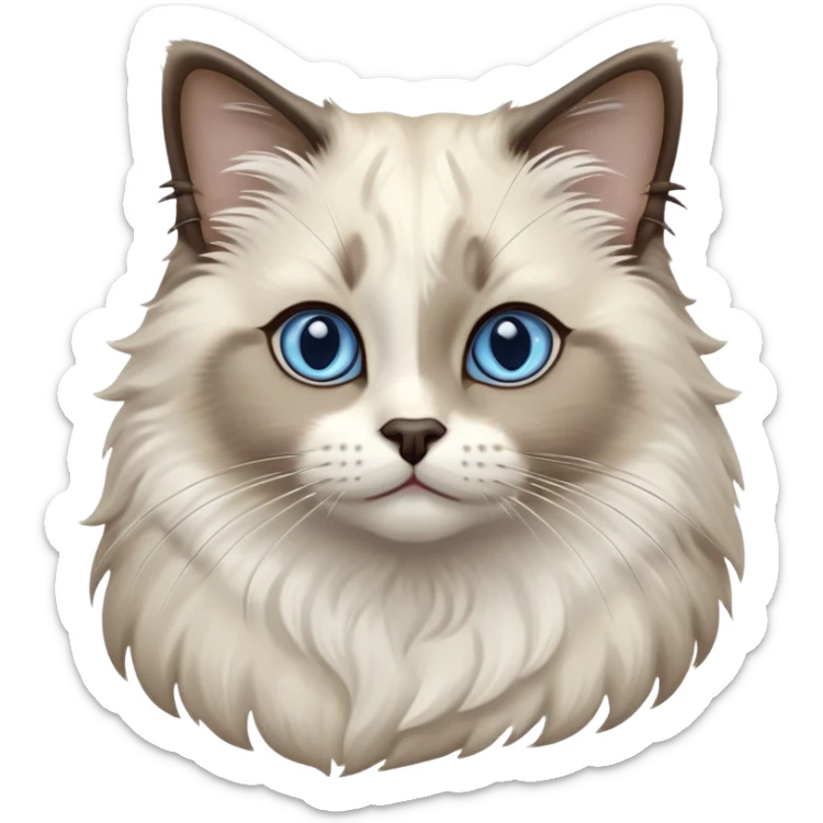 Cinematic-Fluffy-Seal-Ragdoll-Cat-Portrait-Emoji – Head tilted cutely with big, sparkling blue eyes, soft brown-and-white fur with darker seal points on the ears, face, and paws, simplified yet irresistibly adorable features, highly detailed, glowing with a soft and warm charm. sticker