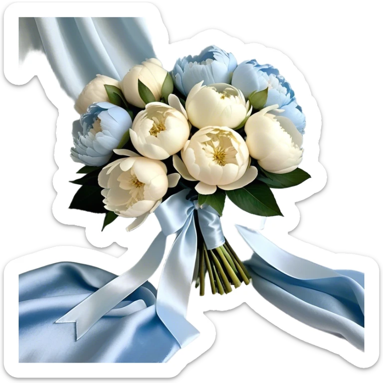A lush bouquet of full-bloom white and pale blue peonies rests gently atop a flowing powder blue silk cloth. The petals, kissed with a subtle pearl sheen, seem to glow under the soft morning light. A delicate ivory ribbon, loosely tied in an effortless bow, drapes over the bouquet, its edges curling with natural grace. The silk background shimmers with movement, enhancing the dreamy elegance of the composition.
 sticker