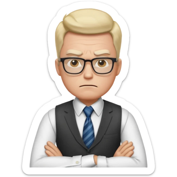 Frowns with Glasses, Strict Teacher: Man with square glasses, vest and tie, arms crossed, angry face

 sticker