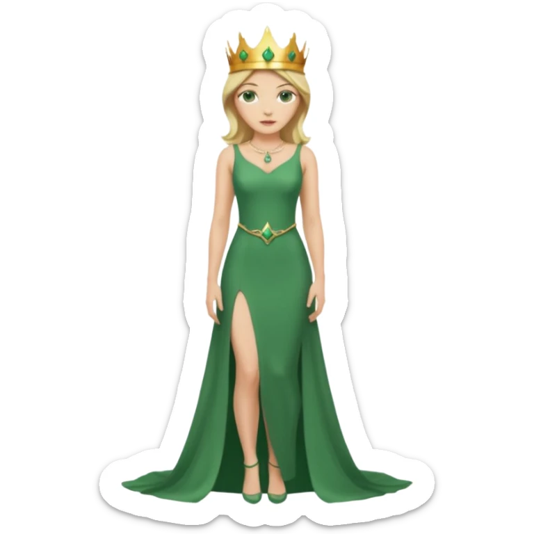 Queen, crown, blonde hair, green eyes, long green tight dress, Leg slit, whole Body, sticker