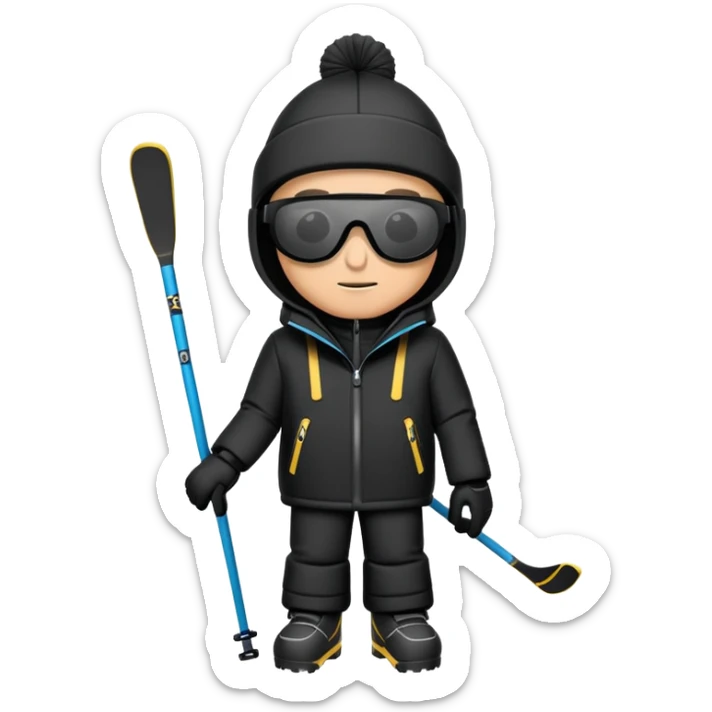 Homme habillé en noir avec une cagoule et des lunettes de ski ,il a une capuche  sticker