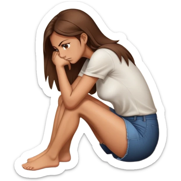 angry woman with brown hair sitting in profile on a floor hugging her knees avoiding conversation  sticker