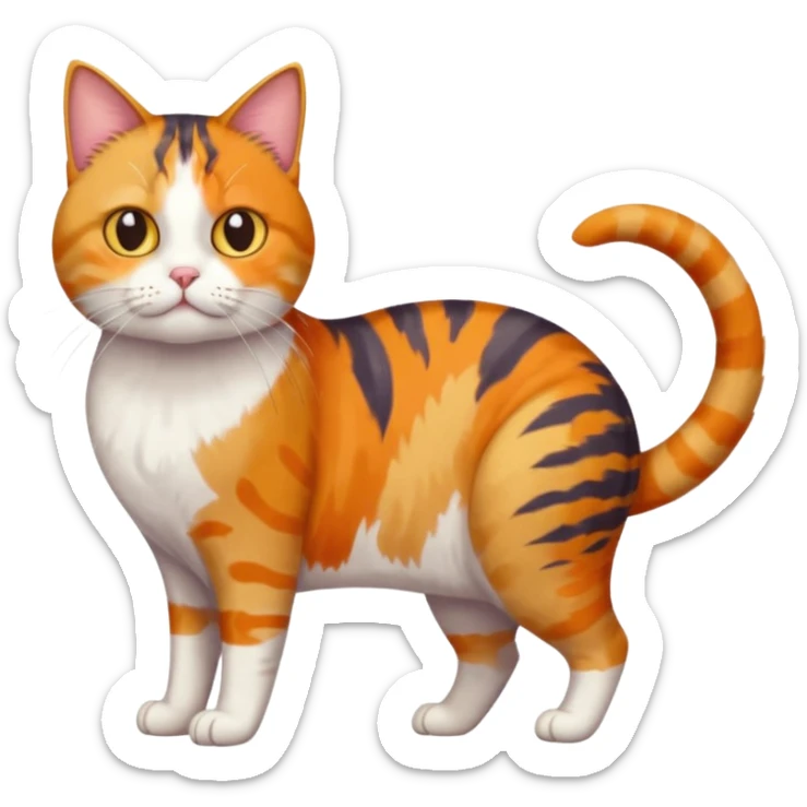 full body colourful calico tabby cat with skinny head and fat body with an anxious face sticker