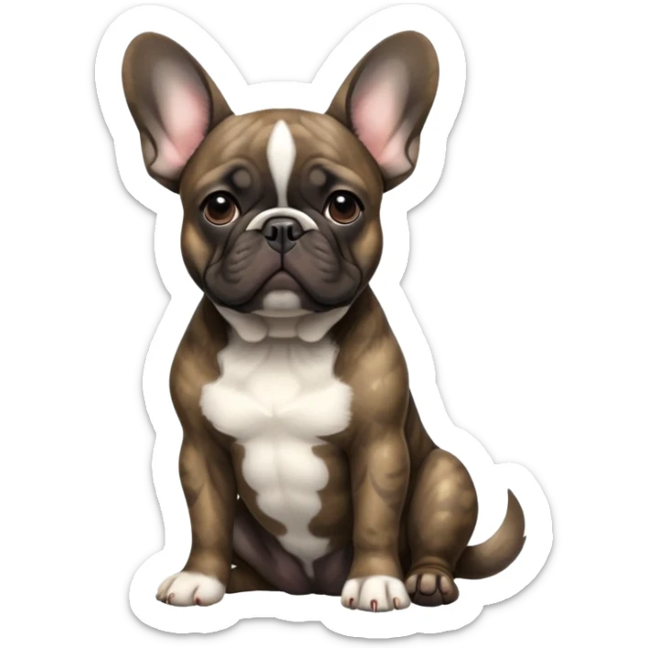 cinematic-[french bulldog]-realistic-full-body-sitting-emoji,-tail-resting-loosely-beside-its-paws,-head-tilted-dramatically,-sleek-[solid brindle]-fur,-simplified-yet-realistic-focused-features,-highly-detailed,-glowing-with-an-almost-sarcastic-glow sticker